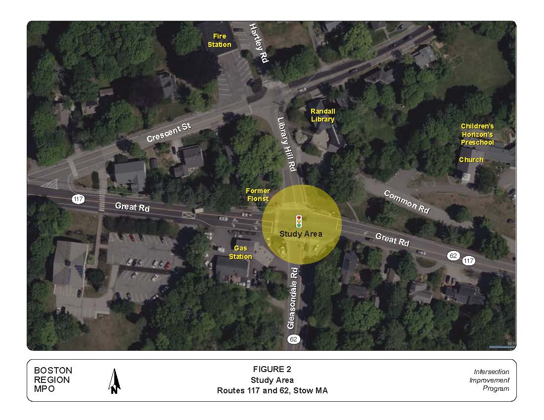 Figure 2 - Intersection Study Area. Aerial view of the study intersection that highlights where Great Road (Route 117 and Route 62), Gleasondale Road (Route 62), and Library Hill Road meet and the location of the intersection within the Town of Stow.